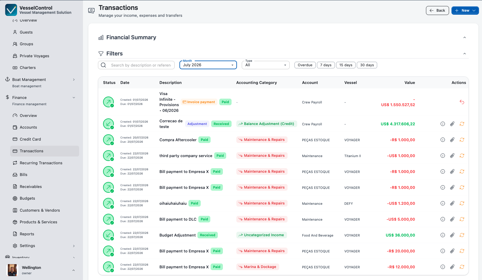 VesselControl financial transactions